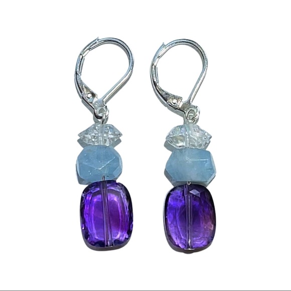 Genuine Amethyst, Aquamarine & Herkimer Diamond Earrings! - Picture 3 of 6